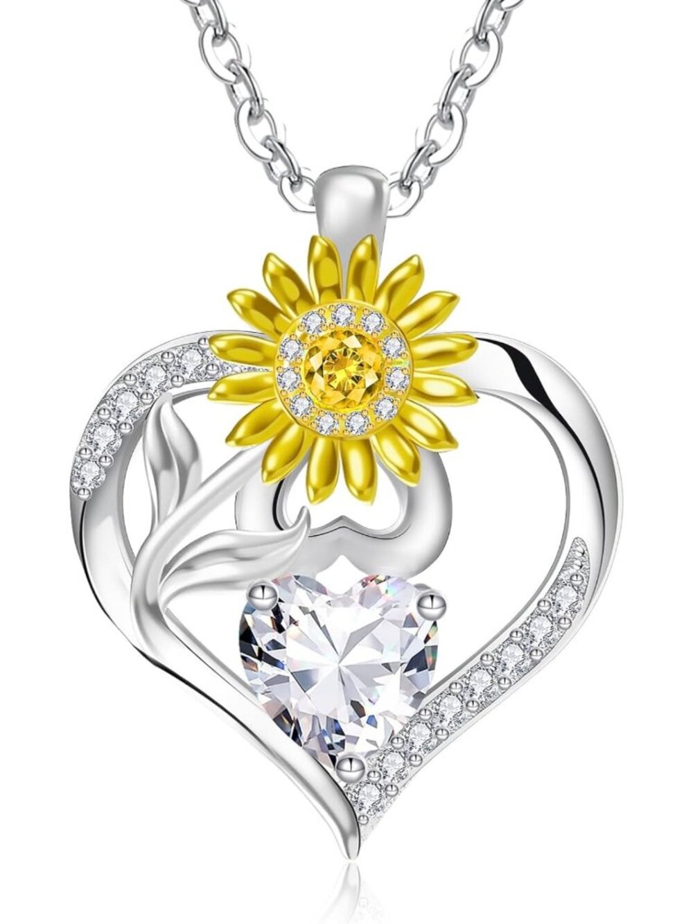 Sunflower Birthstone Necklace for Women - 925 Sterling Silver Heart Pendant